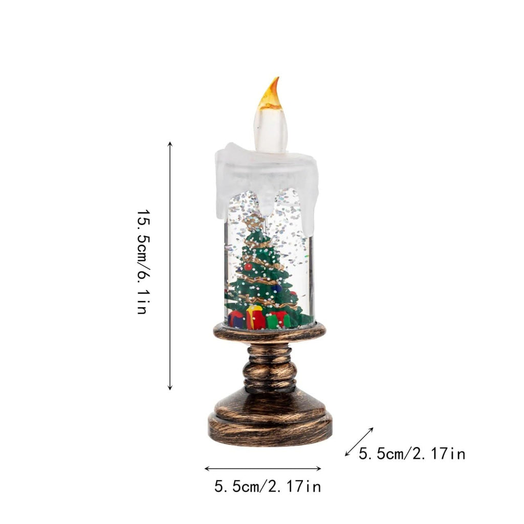 LED Christmas Snow Globe Candle, Flameless Battery Operated, Decorative Holiday Display with Gold Base, 15.5cm Height x 5.5cm Diameter