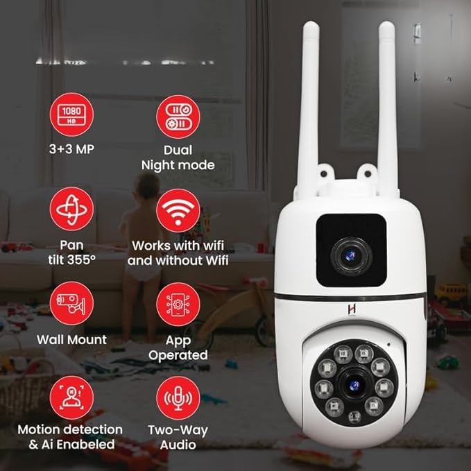 Smart WiFi Security Camera, 3+3MP HD, 355° Pan/Tilt, Two-Way Audio, Motion Detection, Night Vision, Wall Mount, Mobile App Control