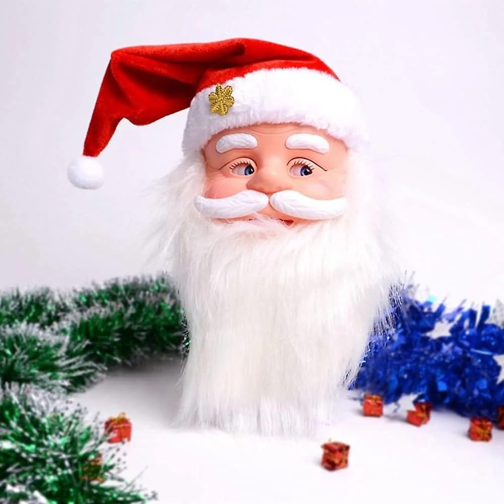 Electric Musical Santa Claus Head with Moving Eyes and Cap, Battery Operated Christmas Decoration, Plays Jingle Bell Song, 28x13x20cm, Red and White