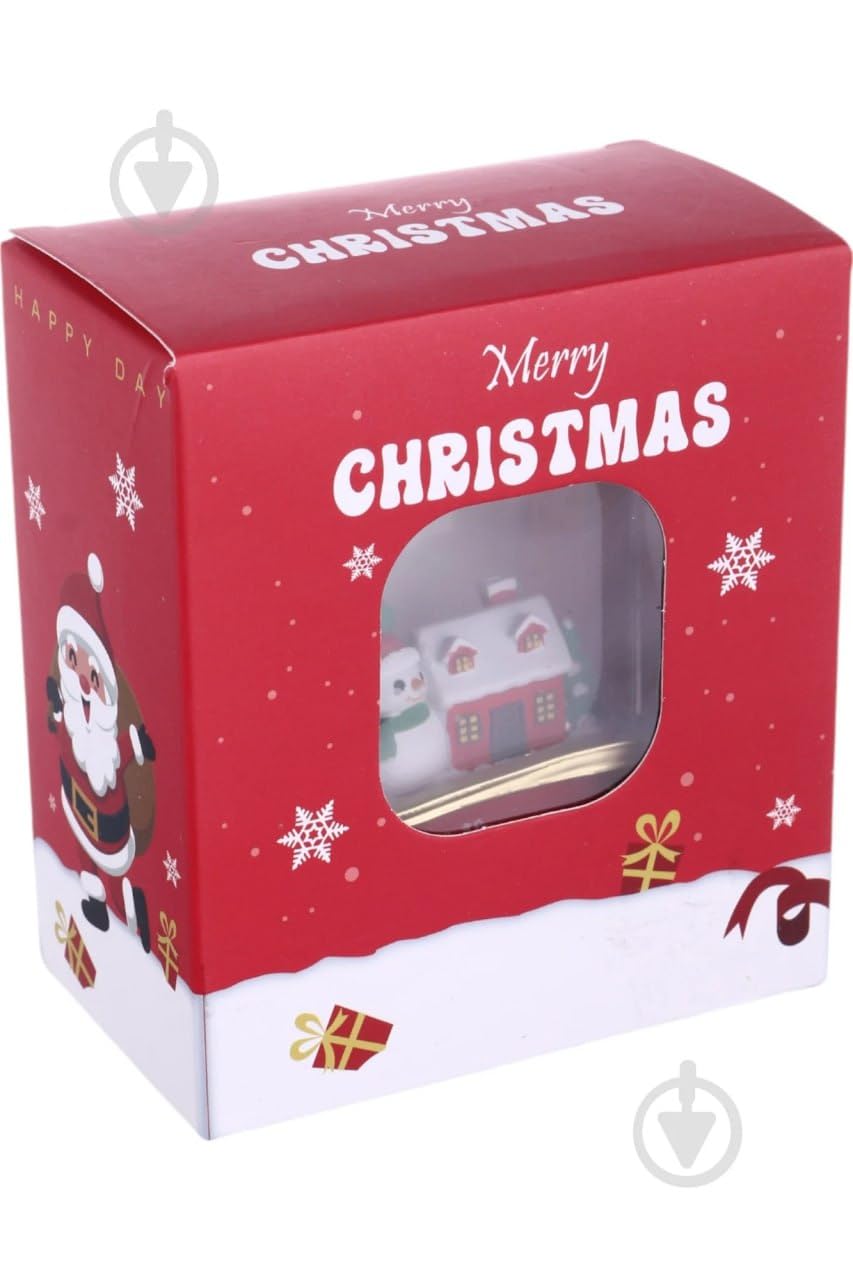 Christmas Gift Bag with 3D Snow Globe Scene, Red Paper, 11x8 cm, Decorative Holiday Design, Snowman and House Theme, Gold Frame Window