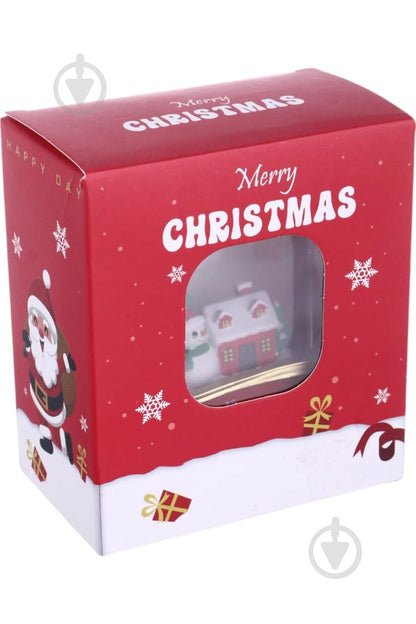 Christmas Gift Bag with 3D Snow Globe Scene, Red Paper, 11x8 cm, Decorative Holiday Design, Snowman and House Theme, Gold Frame Window