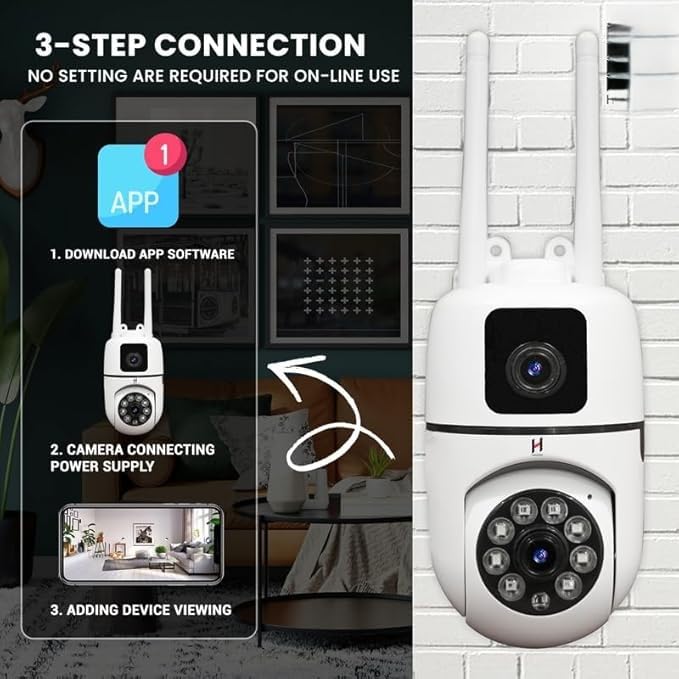 Smart WiFi Security Camera, 3+3MP HD, 355° Pan/Tilt, Two-Way Audio, Motion Detection, Night Vision, Wall Mount, Mobile App Control