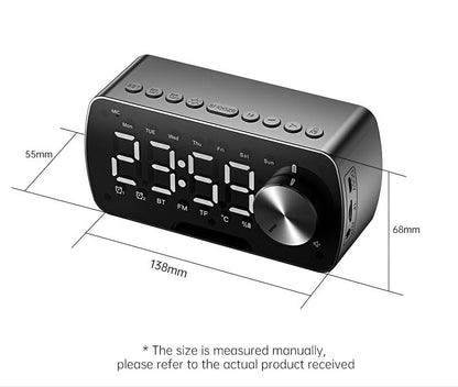 Bluetooth Speaker with Digital Alarm Clock, LED Display, FM Radio, Dual Alarm, Temperature Display, Hands-Free Calling, TF Card Support, AUX Input, Rotary Volume Control, Black
