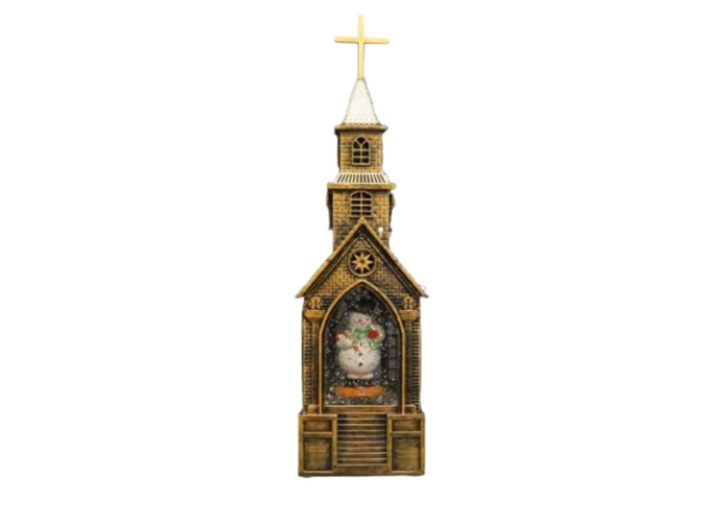 Christmas Church Snow Globe Lantern, Gothic Cathedral Design with Snowman Display, Bronze Finish, 28 x 8 cm, Religious Holiday Decor