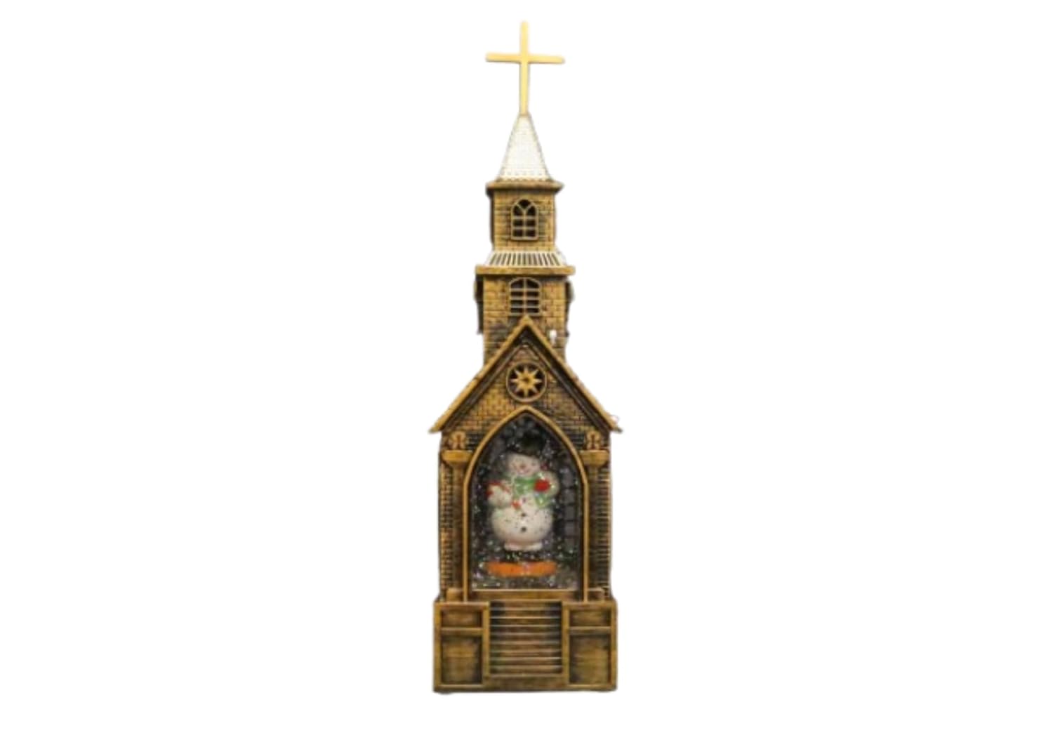 Christmas Church Snow Globe Lantern, Gothic Cathedral Design with Snowman Display, Bronze Finish, 28 x 8 cm, Religious Holiday Decor
