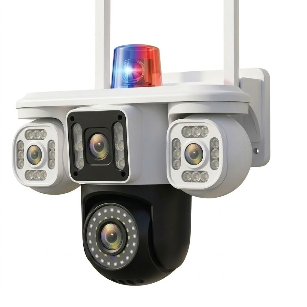 HD WiFi Security Camera with Siren Light, PTZ Pan Tilt Zoom, 4 Camera System, F2.0 Aperture, Night Vision, Motion Detection, Cloud Storage, MicroSD Card Support up to 128GB, iOS Android Compatible