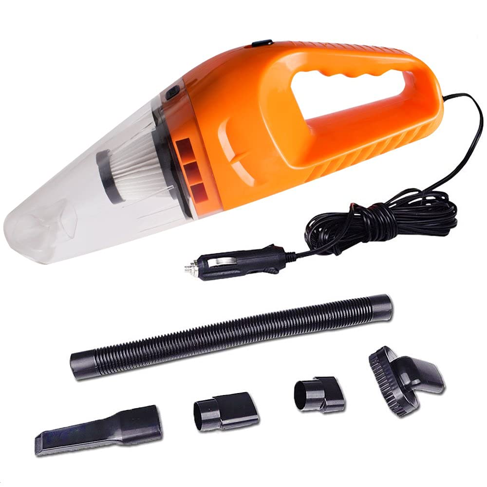 Portable Car Vacuum Cleaner, Wet and Dry, 12V DC, Orange, with Multiple Attachments and Extension Hose