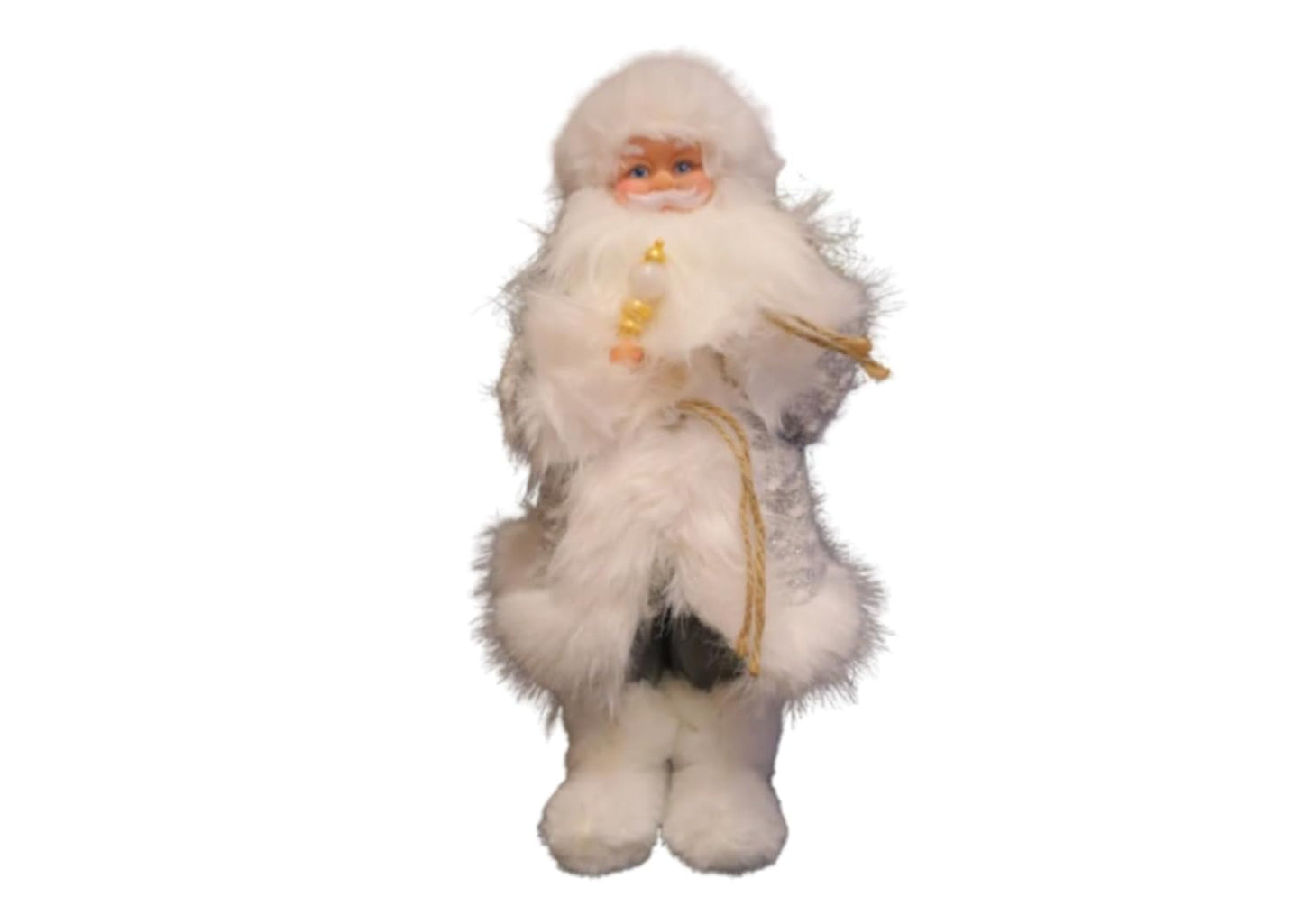 Decorative White Plush Santa Claus Christmas Figure, Standing Display Doll with Staff, 38 cm x 11.5 cm, Holiday Home Decor