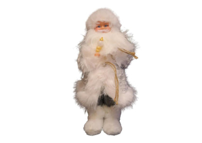 Decorative White Plush Santa Claus Christmas Figure, Standing Display Doll with Staff, 38 cm x 11.5 cm, Holiday Home Decor