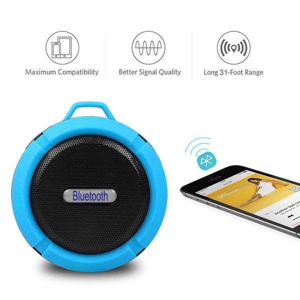 Portable Waterproof Bluetooth Speaker with Suction Cup, Blue, Wireless Outdoor Shower Speaker with Carabiner, 31-Foot Range