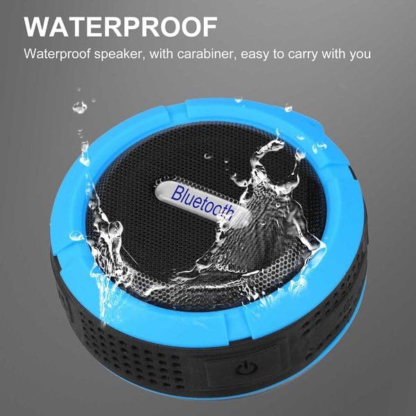 Portable Waterproof Bluetooth Speaker with Suction Cup, Blue, Wireless Outdoor Shower Speaker with Carabiner, 31-Foot Range