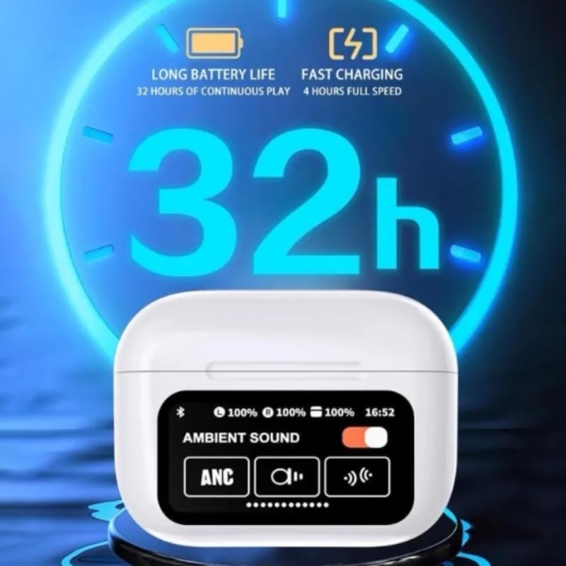 True Wireless Earbuds with ANC ENC Noise Reduction, Smart Touchscreen Charging Case, 32 Hours Battery Life, Bluetooth 5.3, HiFi Sound, Fast Charging, White