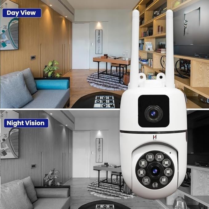 Smart WiFi Security Camera, 3+3MP HD, 355° Pan/Tilt, Two-Way Audio, Motion Detection, Night Vision, Wall Mount, Mobile App Control