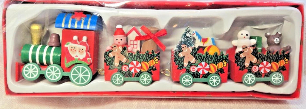 Wooden Christmas Train Decoration Set, Holiday Locomotive with Festive Characters, Red and White, 5-Car Design with Snowflakes and Christmas Tree Ornaments