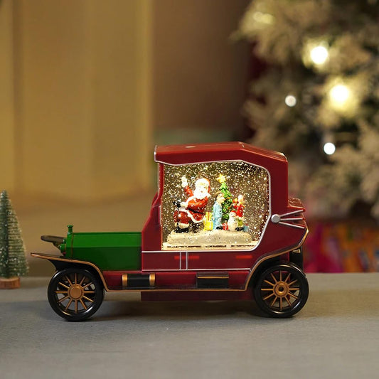 Christmas Vintage Car Snow Globe Music Box, Red and Green Illuminated Santa Decoration with LED Lights, Glitter Snow Effect, USB or Battery Powered, 26 x 12.5 x 16cm