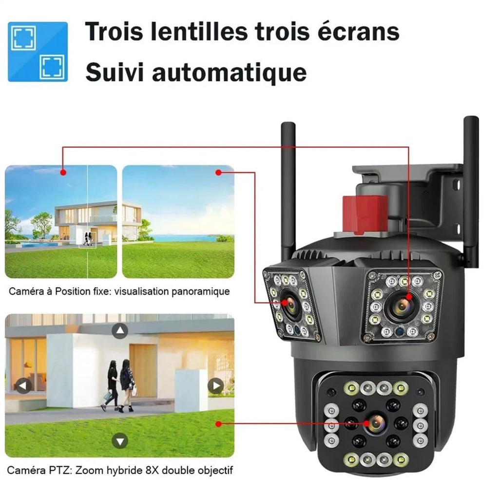 Three Lens Outdoor WiFi Security Camera, HD 12MP PTZ with 360° Coverage, Motion Detection, Night Vision, Two-Way Audio, Cloud Storage, Multi-User Access, IP66 Waterproof