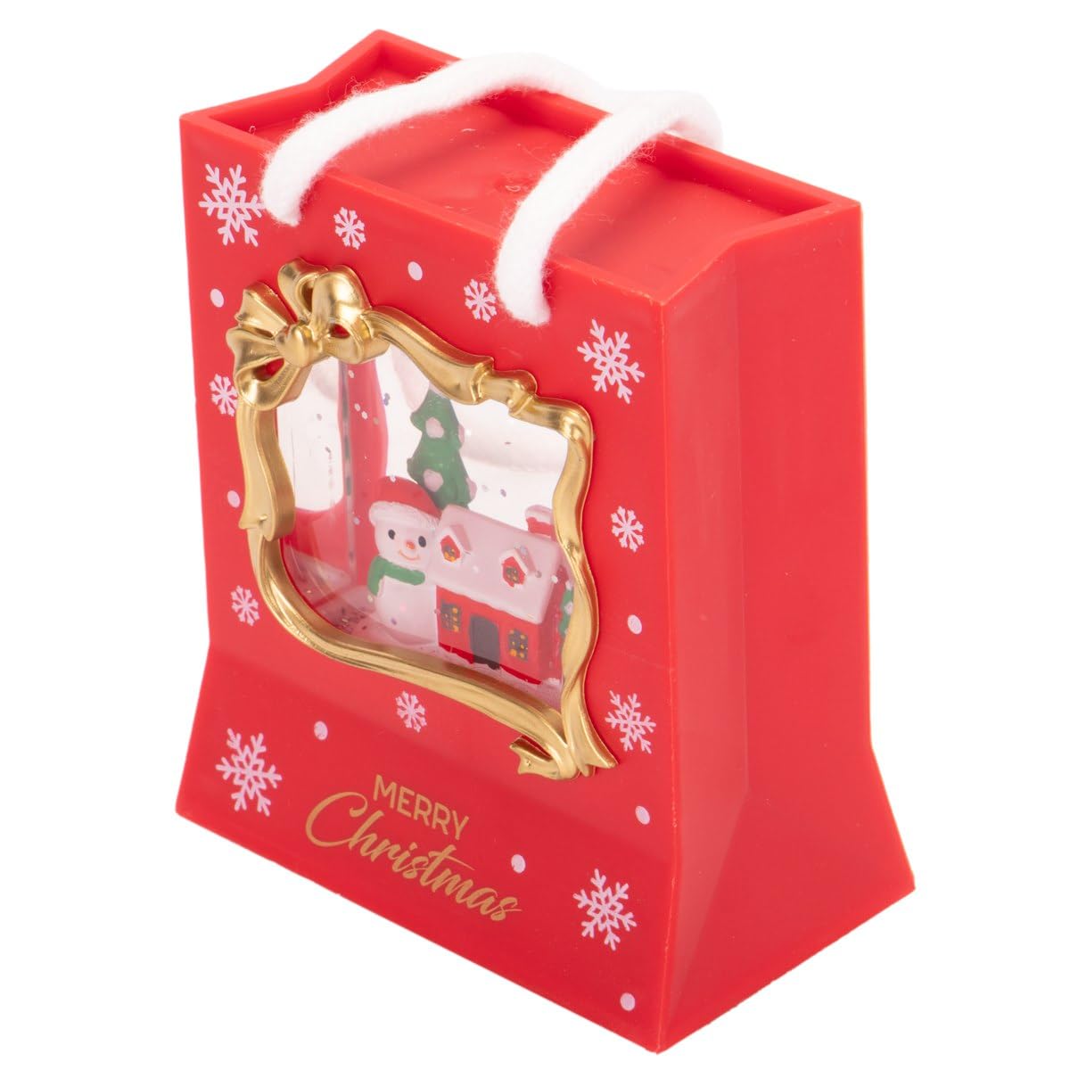 Christmas Gift Bag with 3D Snow Globe Scene, Red Paper, 11x8 cm, Decorative Holiday Design, Snowman and House Theme, Gold Frame Window