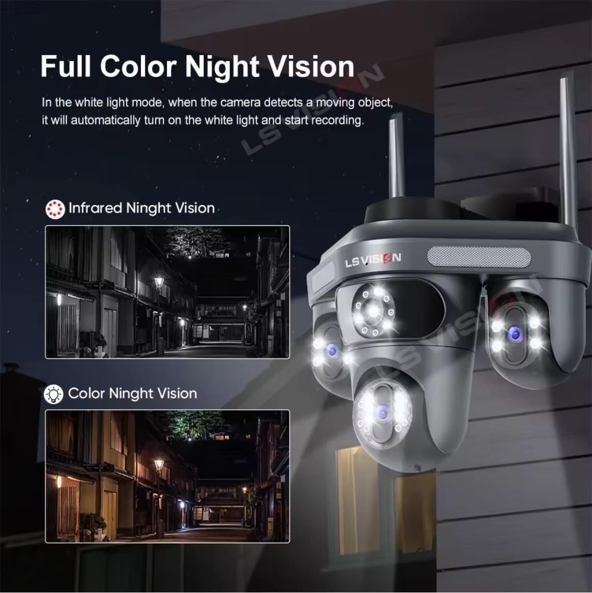 LS Vision Outdoor Security Camera, Triple Lens System, Full Colour Night Vision, Motion Detection, Smartphone App Control