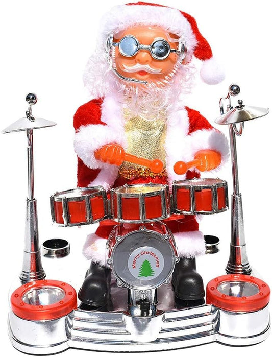 Musical Santa Claus Figurine, Animated Christmas Decoration with Drum Set and Guitar, Electric Powered Holiday Music Box, Red and White, 20 cm Height, for Indoor Display (Drum)