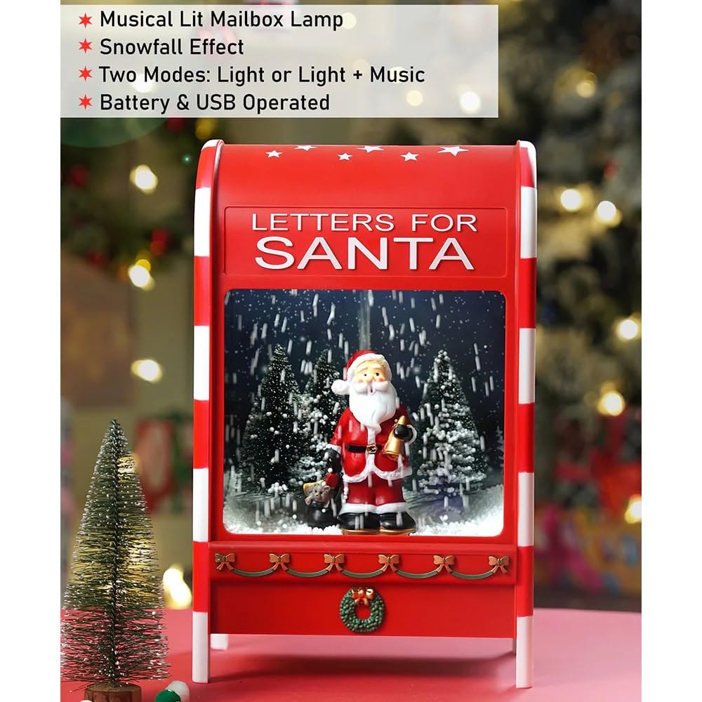 Christmas Musical Santa Mailbox Lamp with Snowfall Effect, Red Decorative Light Box, Battery & USB Operated, Two Modes with Sound, Holiday Decor for Home, 40.5 x 25.5 x 15 cm