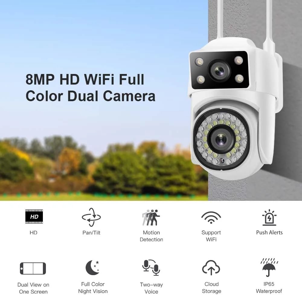 8MP HD WiFi Security Camera, Dual Camera System with 355° Pan 90° Tilt, IP65 Waterproof, Motion Detection, Two-Way Voice, Cloud Storage, Night Vision