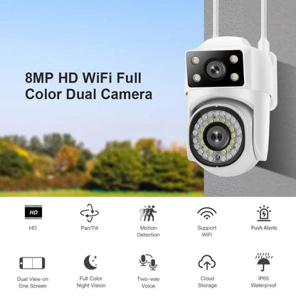 8MP HD WiFi Security Camera, Dual Camera System with 355° Pan 90° Tilt, IP65 Waterproof, Motion Detection, Two-Way Voice, Cloud Storage, Night Vision