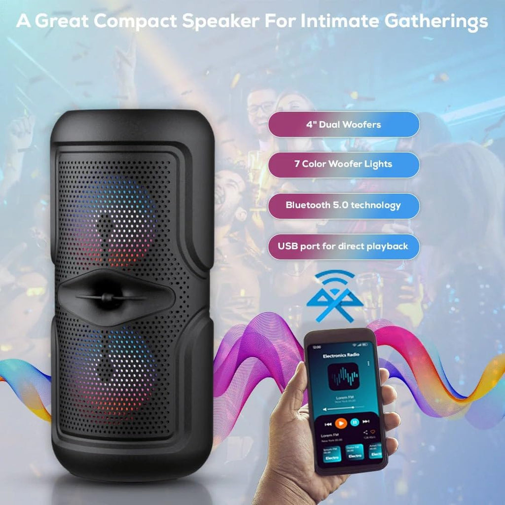 Portable Bluetooth Speaker with Dual 4 Inch Woofers, RGB LED Lights, 1200mAh Rechargeable Battery, USB/TF Card/FM Radio/AUX Input, Compact Design for Parties and Outdoor Events