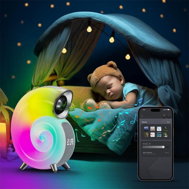 Smart Conch Bluetooth Speaker with RGB Atmosphere Light, APP Control Music Rhythm Light, Sunrise Wake Up Alarm Clock, White Noise Sound Machine, 16 Million Colors, Bedroom Desk Decor
