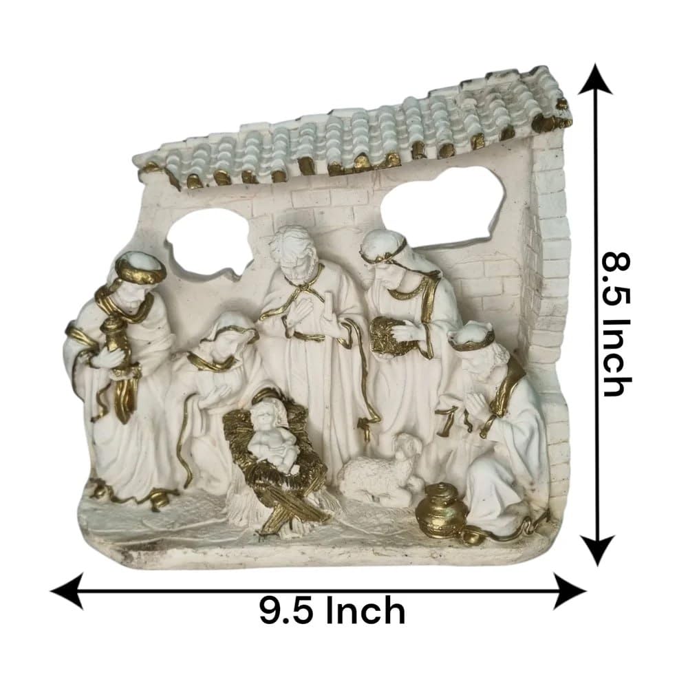 LED Illuminated Nativity Scene Set, White Porcelain Christmas Decoration, Religious Holiday Display with Gold Accents, 8.5 x 9.5 Inch