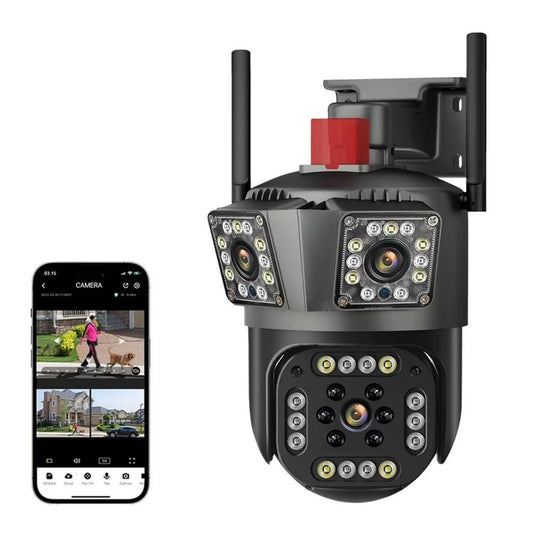 Three Lens Outdoor WiFi Security Camera, HD 12MP PTZ with 360° Coverage, Motion Detection, Night Vision, Two-Way Audio, Cloud Storage, Multi-User Access, IP66 Waterproof