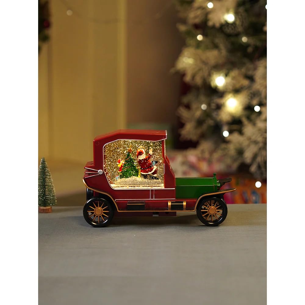Christmas Vintage Car Snow Globe Music Box, Red and Green Illuminated Santa Decoration with LED Lights, Glitter Snow Effect, USB or Battery Powered, 26 x 12.5 x 16cm
