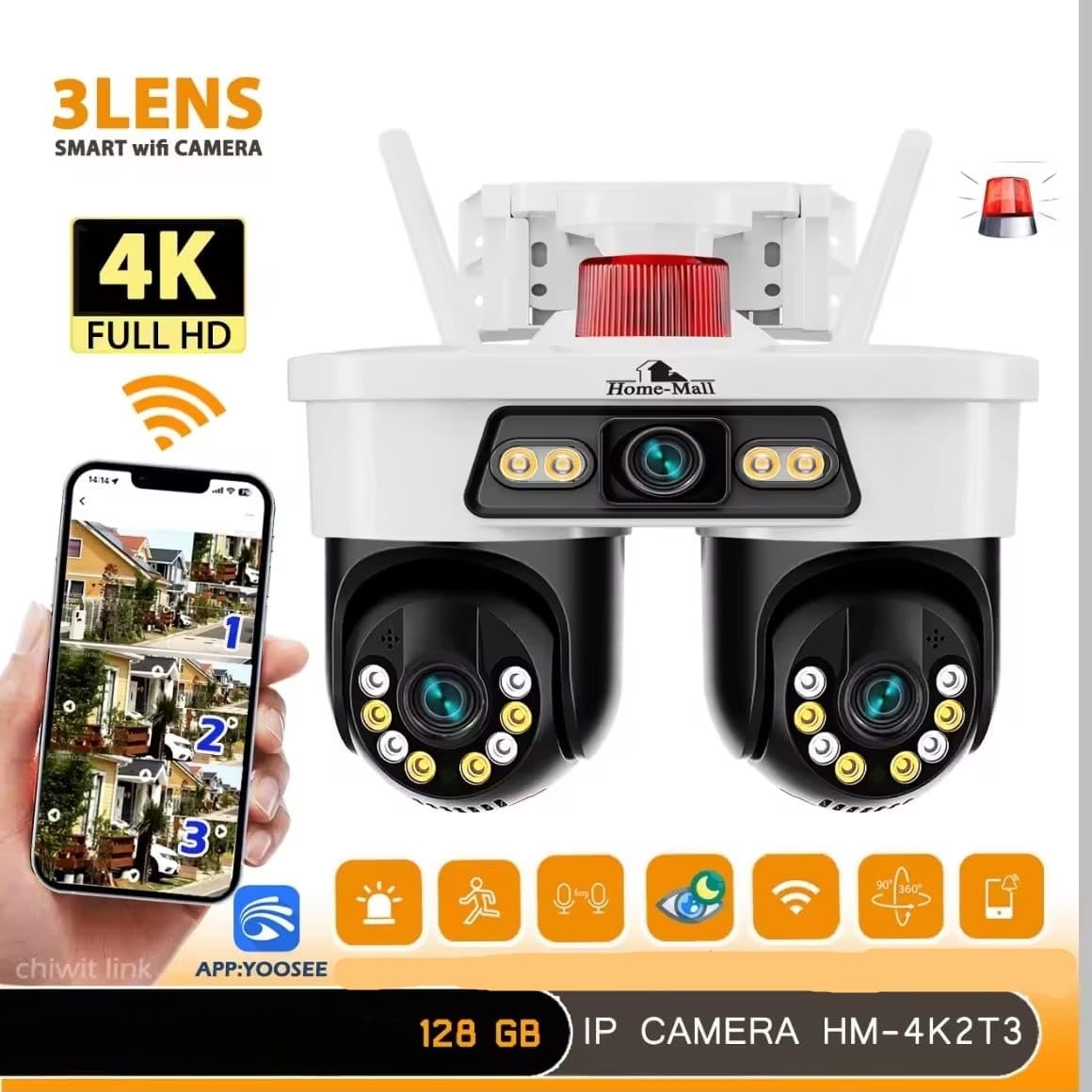 Home-Mall Dual-Lens Security Camera, PTZ Outdoor Indoor CCTV, LED Night Vision, White