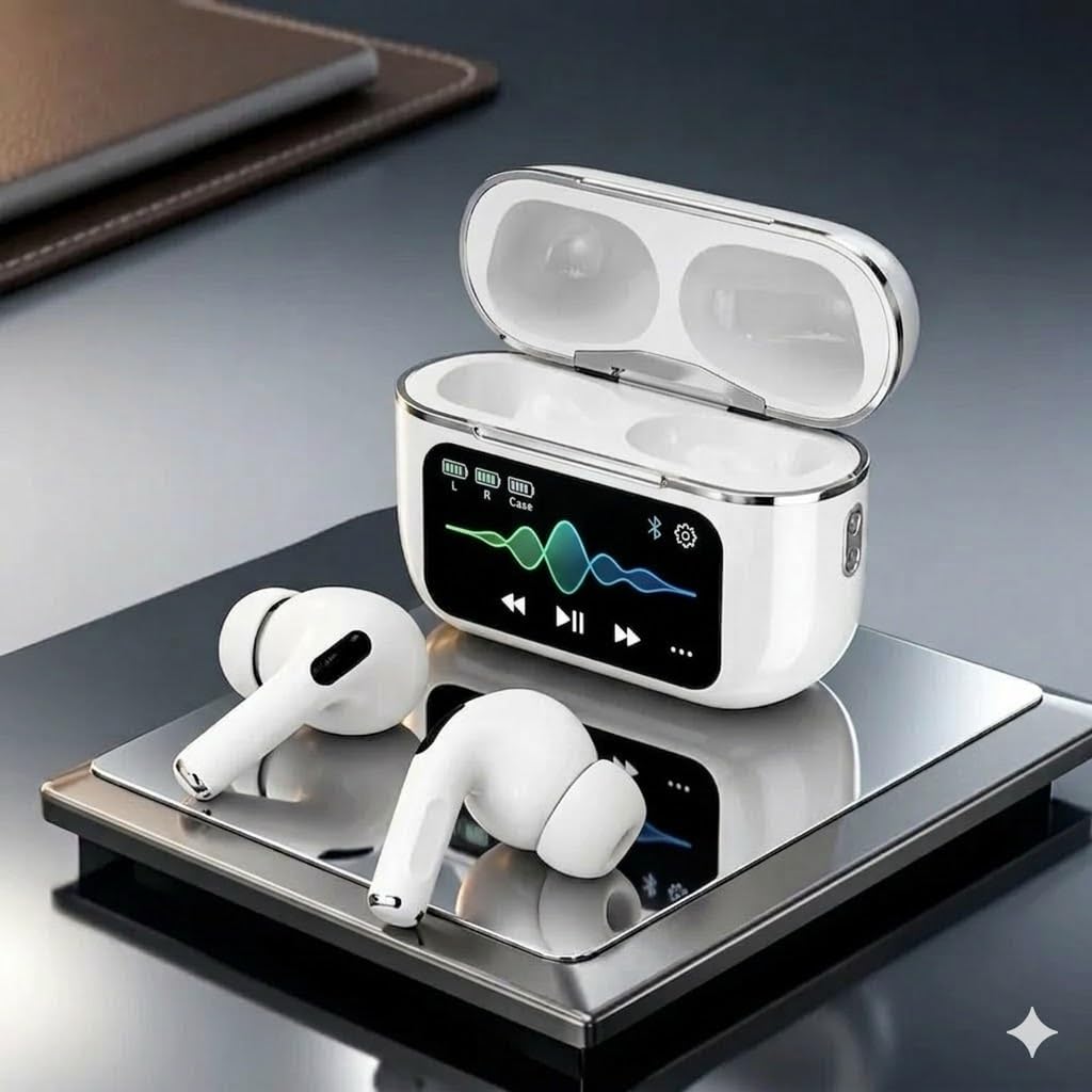 Smart Wireless Bluetooth Earbuds with ANC and ENC Noise Reduction, Touch Control, LED Display Charging Case, White
