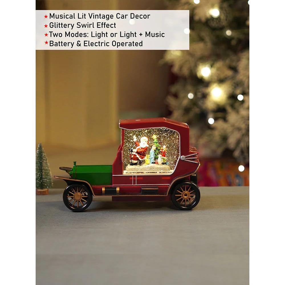 Christmas Vintage Car Snow Globe Music Box, Red and Green Illuminated Santa Decoration with LED Lights, Glitter Snow Effect, USB or Battery Powered, 26 x 12.5 x 16cm