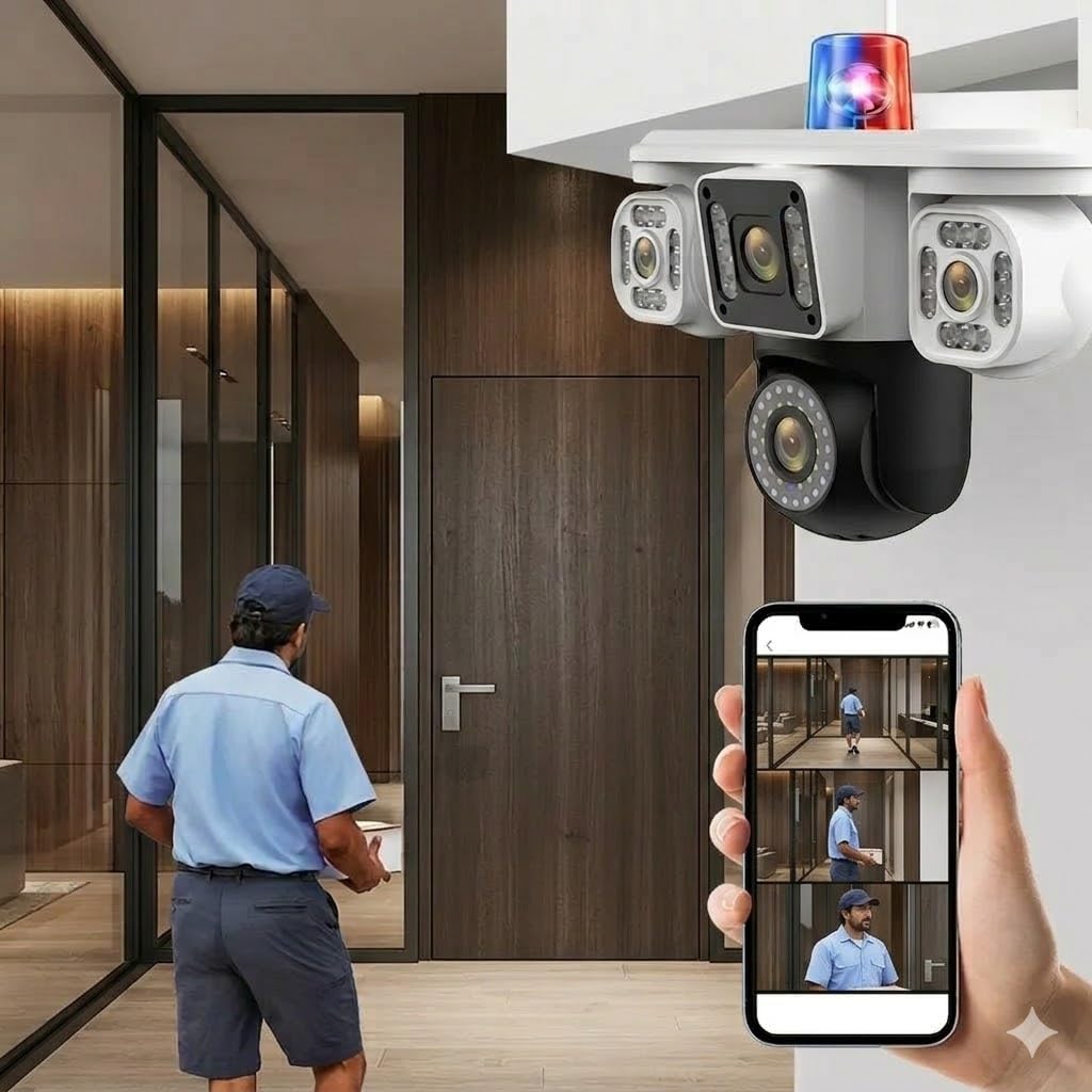 HD WiFi Security Camera with Siren Light, PTZ Pan Tilt Zoom, 4 Camera System, F2.0 Aperture, Night Vision, Motion Detection, Cloud Storage, MicroSD Card Support up to 128GB, iOS Android Compatible