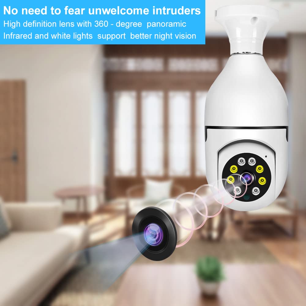 360-Degree Panoramic Security Bulb Camera, 1080P Full-HD PTZ with E27 Base, Night Vision, Motion Detection, Two-Way Audio, WiFi Surveillance Camera for Home Security