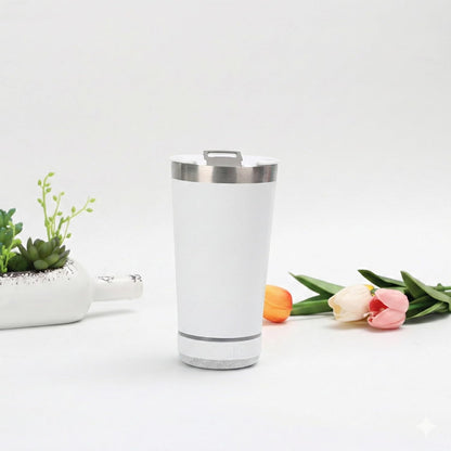 Wireless Music Tumbler, 2-in-1 Portable Bluetooth Speaker and Insulated Beverage Cup with Integrated RGB Lighting and Hands-Free Calling, White