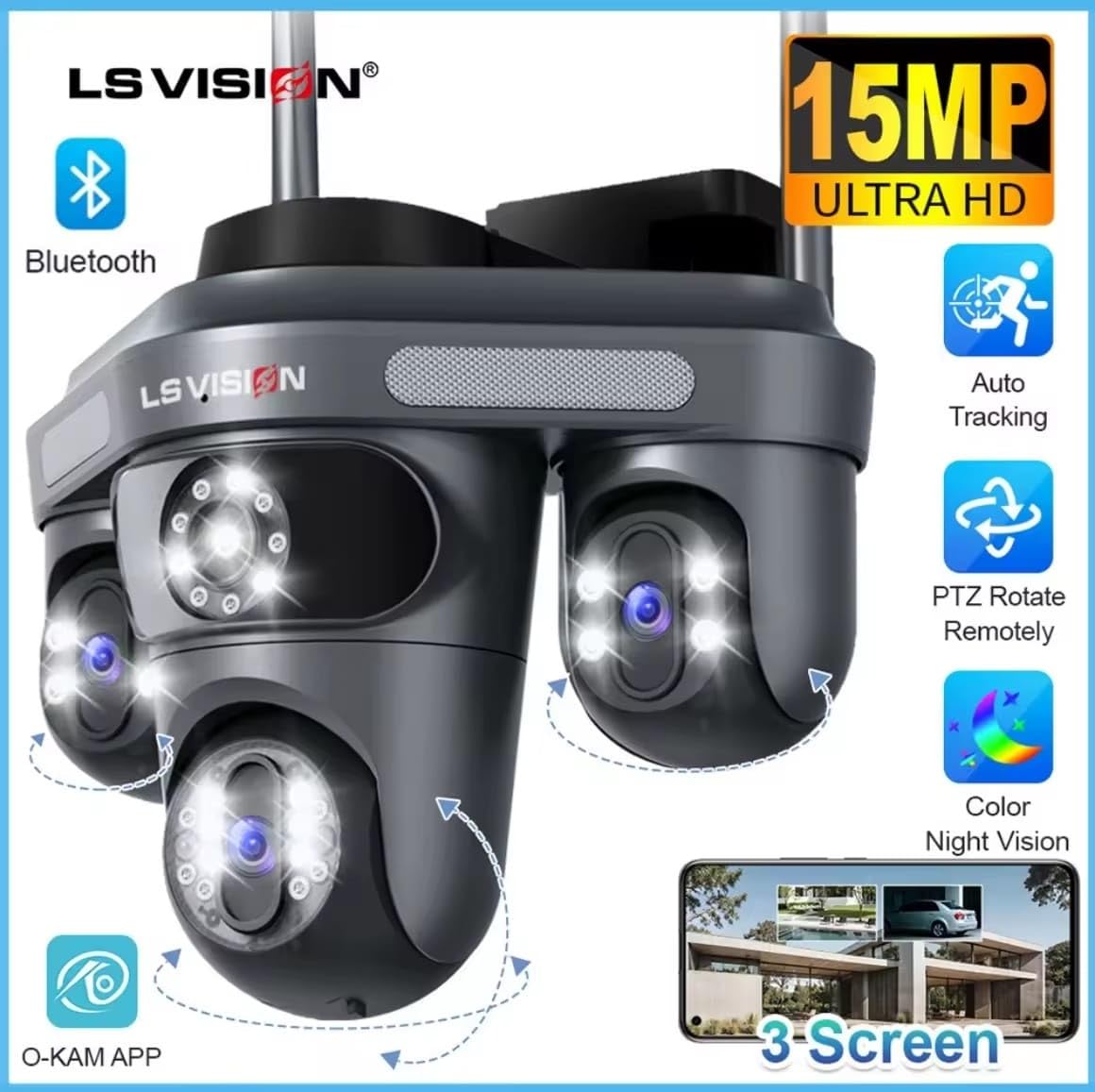 LS Vision Outdoor Security Camera, Triple Lens System, Full Colour Night Vision, Motion Detection, Smartphone App Control