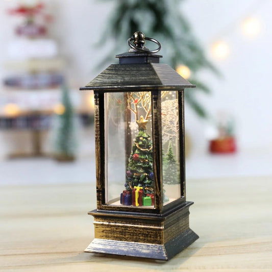 Vintage LED Christmas Lantern with Snow Globe Effect, Bronze Metal Frame, Glass Panel, Decorative Tree Scene, Battery Operated, 13cm Height