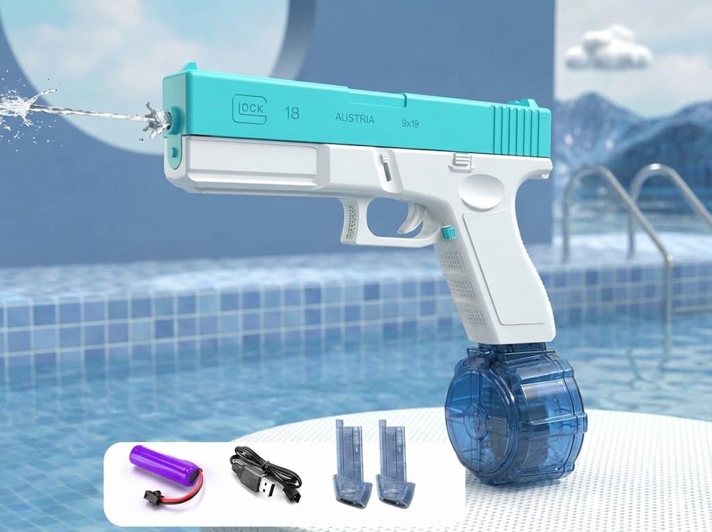 Electric Water Blaster Gun, Rechargeable Battery Powered, Automatic Continuous Spray, High Capacity Water Gun with Drum Magazine, Teal and White