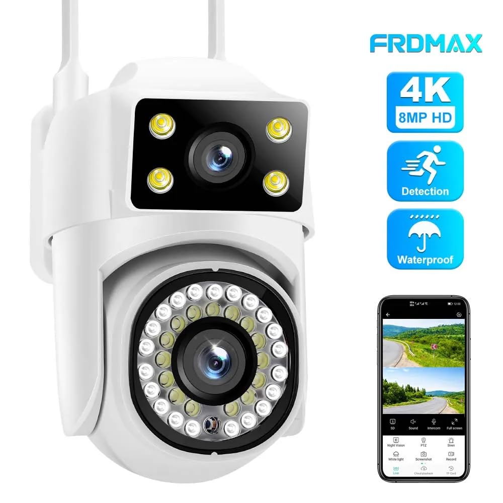 8MP HD WiFi Security Camera, Dual Camera System with 355° Pan 90° Tilt, IP65 Waterproof, Motion Detection, Two-Way Voice, Cloud Storage, Night Vision