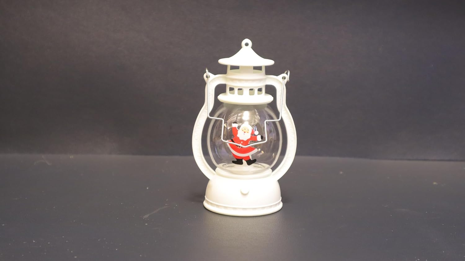 Christmas Decor Co. LED Holiday Lantern, White Metal Musical Snow Globe Style, 12.6cm Height, Battery Powered Santa Design, Portable Table Lamp with Pagoda Top for Indoor Festive Home Decor