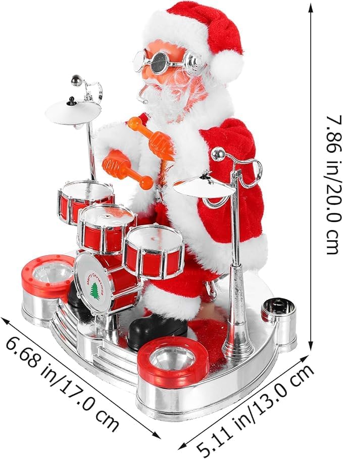 Musical Santa Claus Figurine, Animated Christmas Decoration with Drum Set and Guitar, Electric Powered Holiday Music Box, Red and White, 20 cm Height, for Indoor Display (Drum)