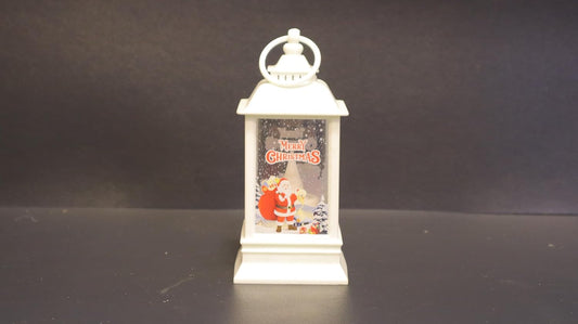 Christmas Decor Co. LED Christmas Lantern, White Metal Winter Scene with Reindeer, 14 x 6.5 cm, Battery Operated Holiday Decoration, Musical Snow Globe Style, Indoor Home Decor with Santa Design