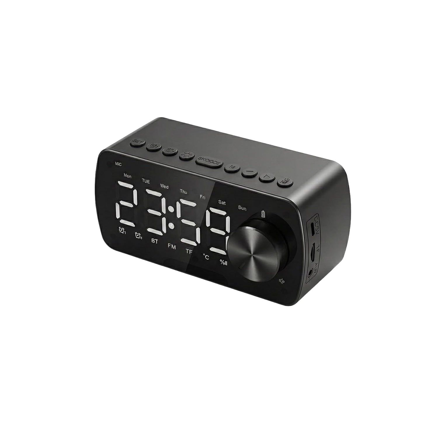 Bluetooth Speaker with Digital Alarm Clock, LED Display, FM Radio, Dual Alarm, Temperature Display, Hands-Free Calling, TF Card Support, AUX Input, Rotary Volume Control, Black