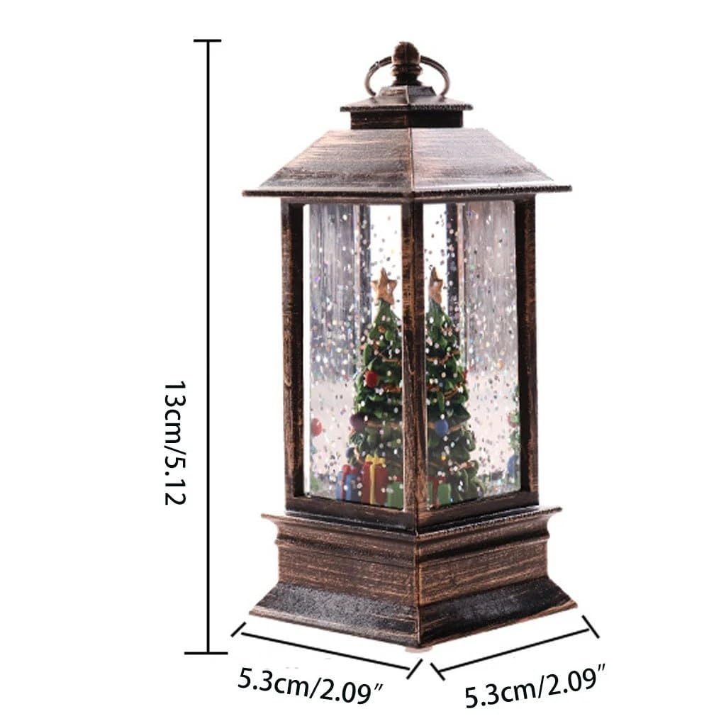 Vintage LED Christmas Lantern with Snow Globe Effect, Bronze Metal Frame, Glass Panel, Decorative Tree Scene, Battery Operated, 13cm Height