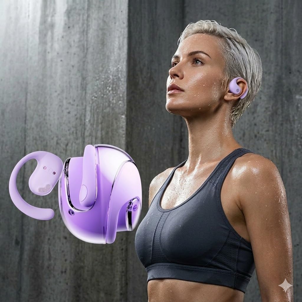 Open Ear Wireless Bluetooth Earbuds with Ear Hooks, Purple, Bluetooth 5.3, HiFi Sound, 36 Hours Playback, Sports and Workout