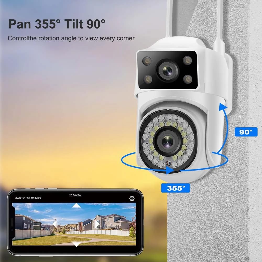 8MP HD WiFi Security Camera, Dual Camera System with 355° Pan 90° Tilt, IP65 Waterproof, Motion Detection, Two-Way Voice, Cloud Storage, Night Vision