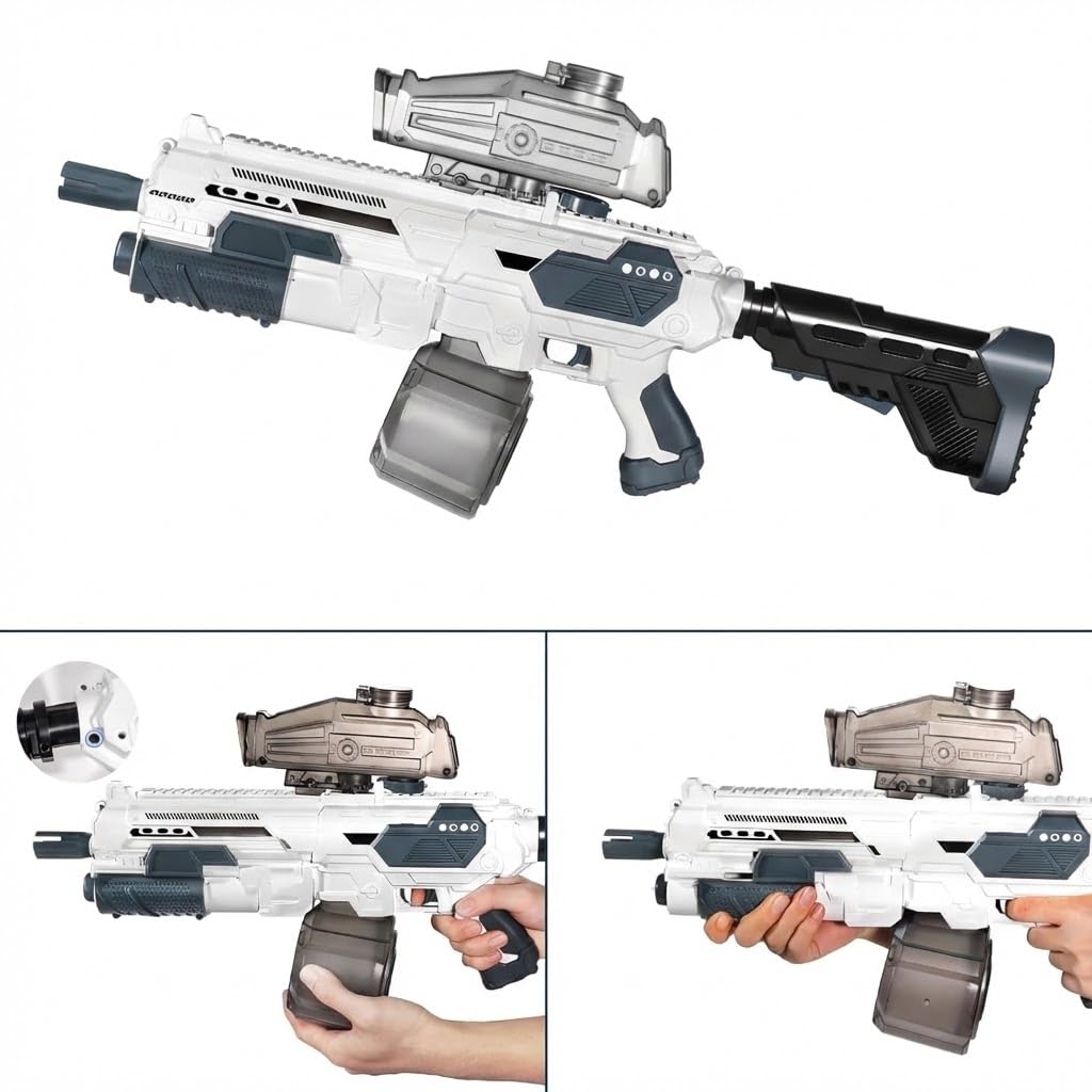 Electric Water Gun Toy, M416 Style Auto Sucking High Pressure Blaster, Large Capacity Battery Powered Water Rifle for Children Shooting Games, White and Black