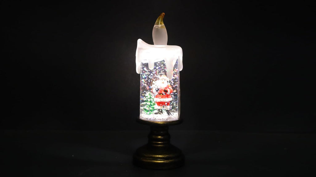 LED Christmas Snow Globe Candle, Flameless Battery Operated, Decorative Holiday Display with Gold Base, 15.5cm Height x 5.5cm Diameter